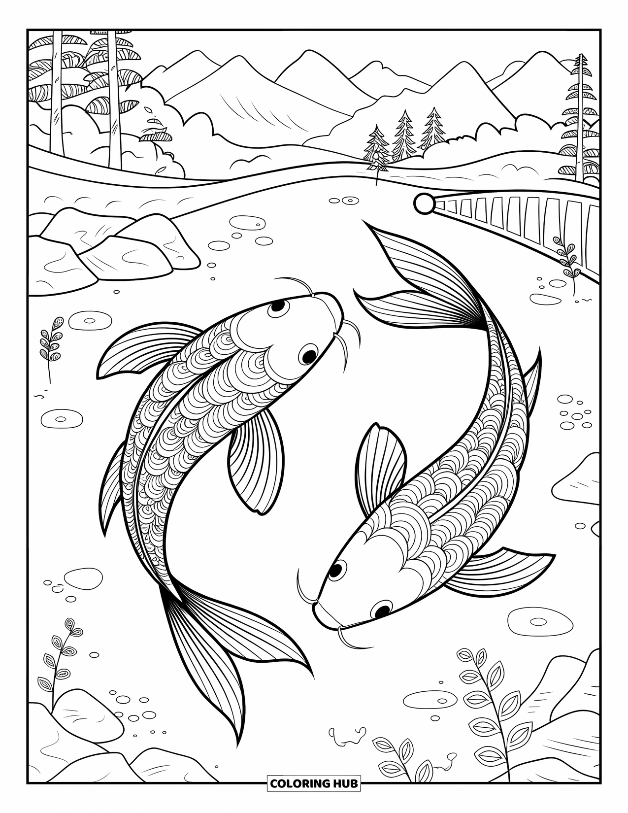 Zentangle Ausmalbild für Erwachsene: Zwei Koi-Fische schwimmen in wirbelnden Mustern mit Felsen und Pflanzen in der Nähe