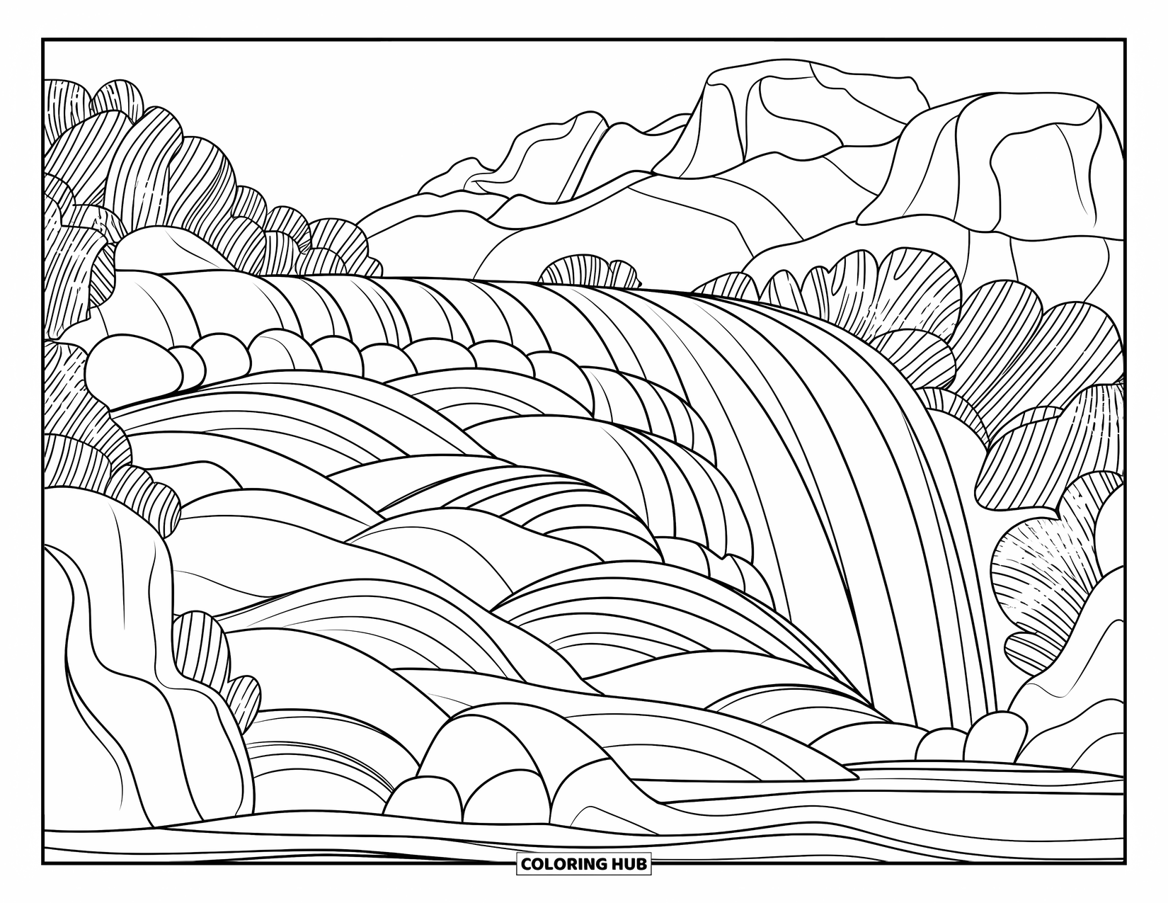 Zentangle Ausmalbild für Erwachsene: Wellen und Felsen bilden einen gemusterten Wasserfall in einer Waldlandschaft