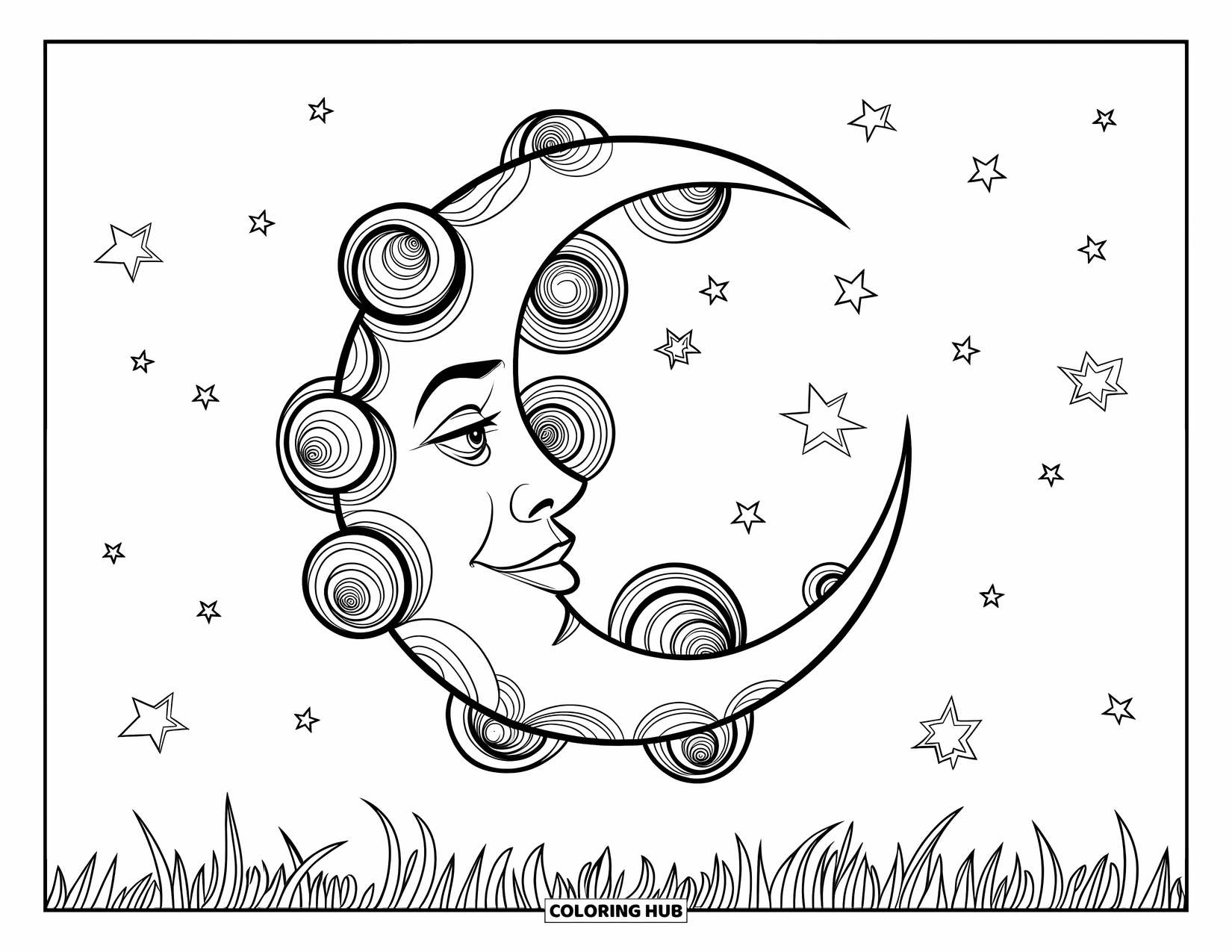 Zentangle Ausmalbild für Kinder: Ein großer Mond mit Locken schwebt über Sternen und grasbewachsenem Boden