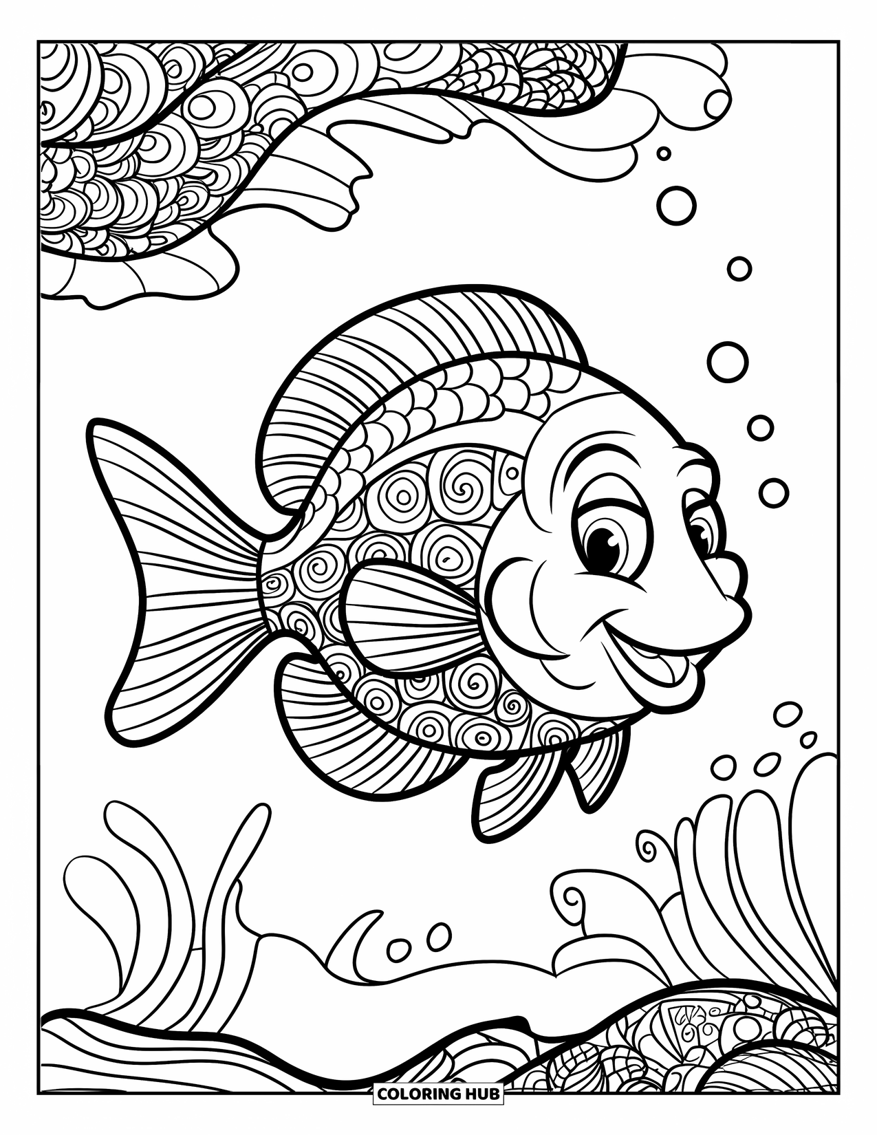 Zentangle Ausmalbild für Kinder: Ein großer, lächelnder Fisch mit gemusterten Flossen schwimmt in einer verspielten Zentangle-Welt