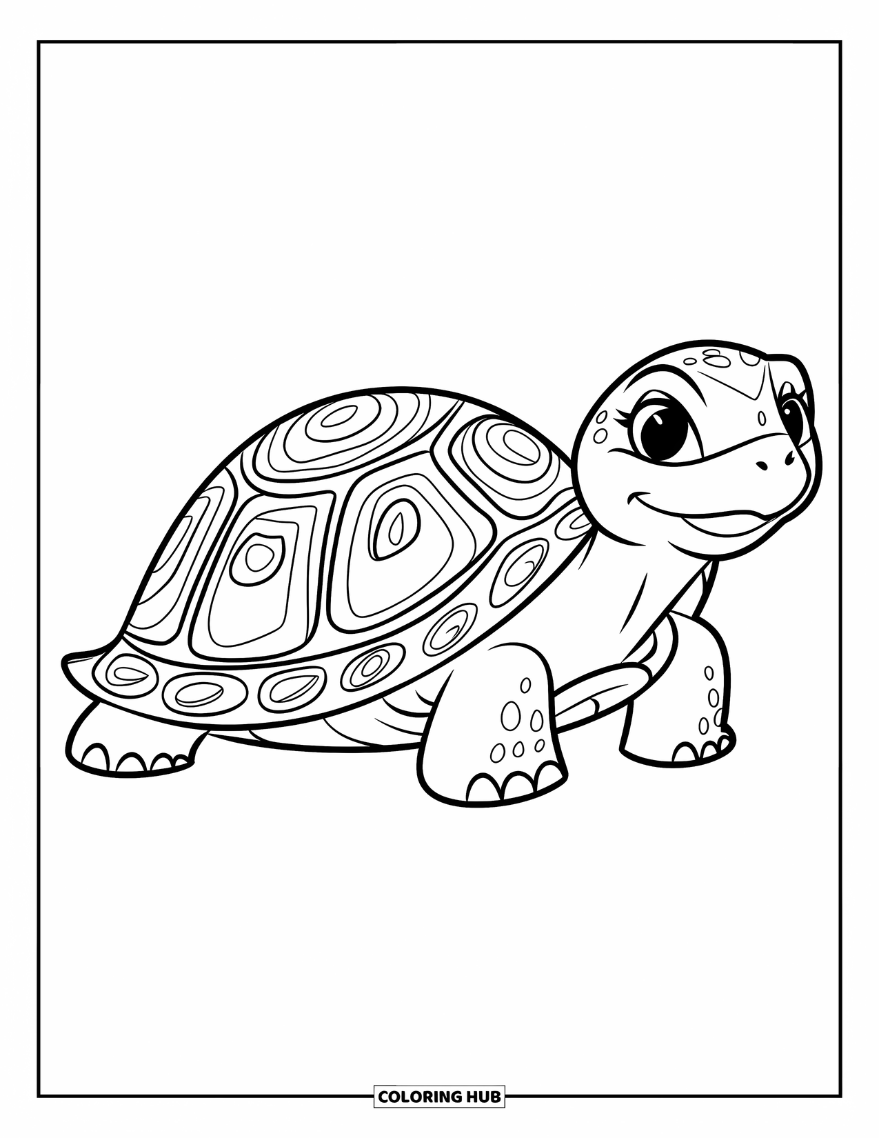Zentangle Ausmalbild für Kinder: Eine große Schildkröte mit einem gemusterten Panzer ruht glücklich auf einem Seerosenblatt