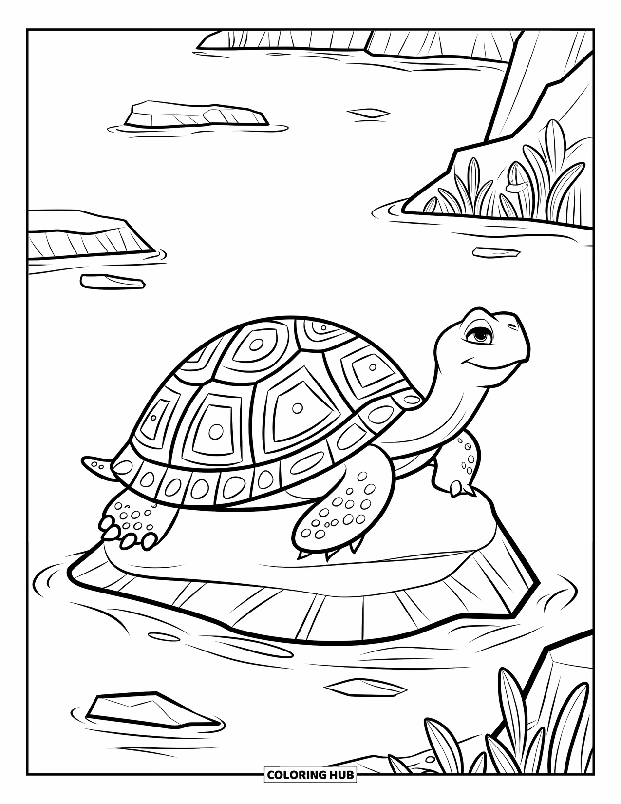 Zentangle Ausmalbild für Kinder: Eine große Schildkröte mit gepunktetem Panzer sitzt auf einem Felsen in ruhigen Gewässern