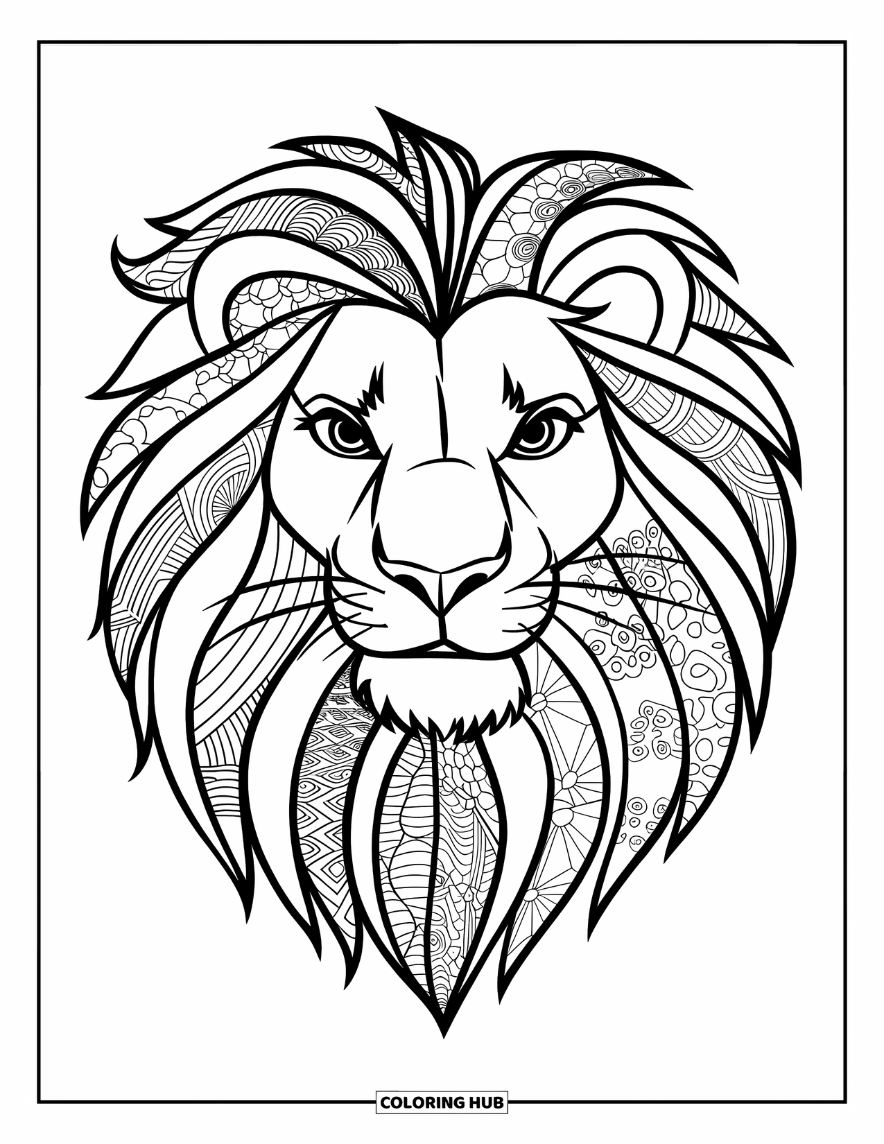 Zentangle Ausmalbild für Kinder: Die kühne, wellige Mähne eines Löwen steht mit klaren Mustern im Mittelpunkt