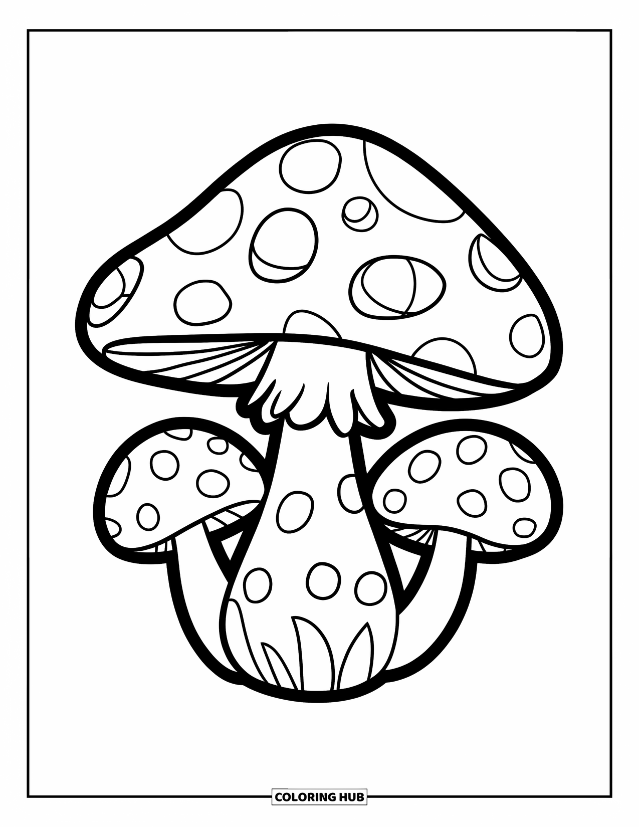 Zentangle Ausmalbild für Kinder: Ein holpriger Pilz mit großen Tupfen steht stolz in der Mitte