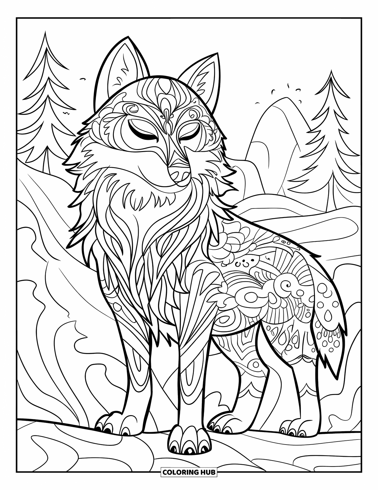 Zentangle Ausmalbild für Kinder: Ein ruhiger Wolf mit geschlossenen Augen steht umgeben von Natur und Mustern