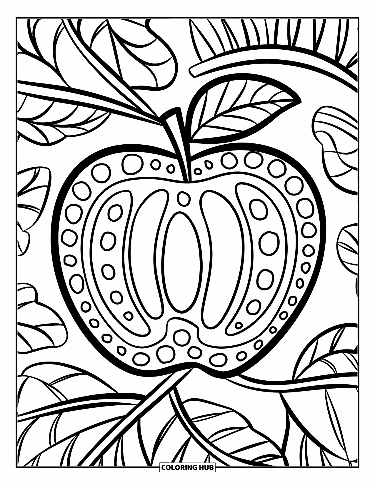 Zentangle Ausmalbild für Kinder: Ein fröhlicher Apfel mit auffälligen Mustern ruht auf einem belaubten Zweig