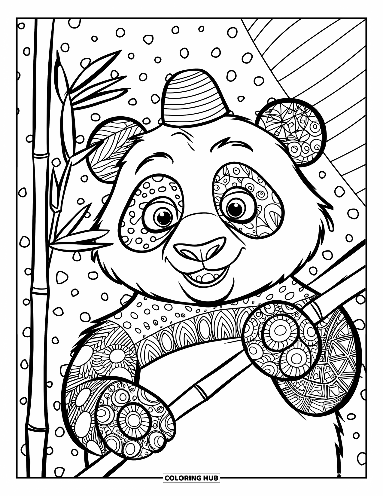 Zentangle Ausmalbild für Kinder: Ein fröhlicher Panda mit Hut umarmt Bambus mit gepunkteten und gestreiften Designs