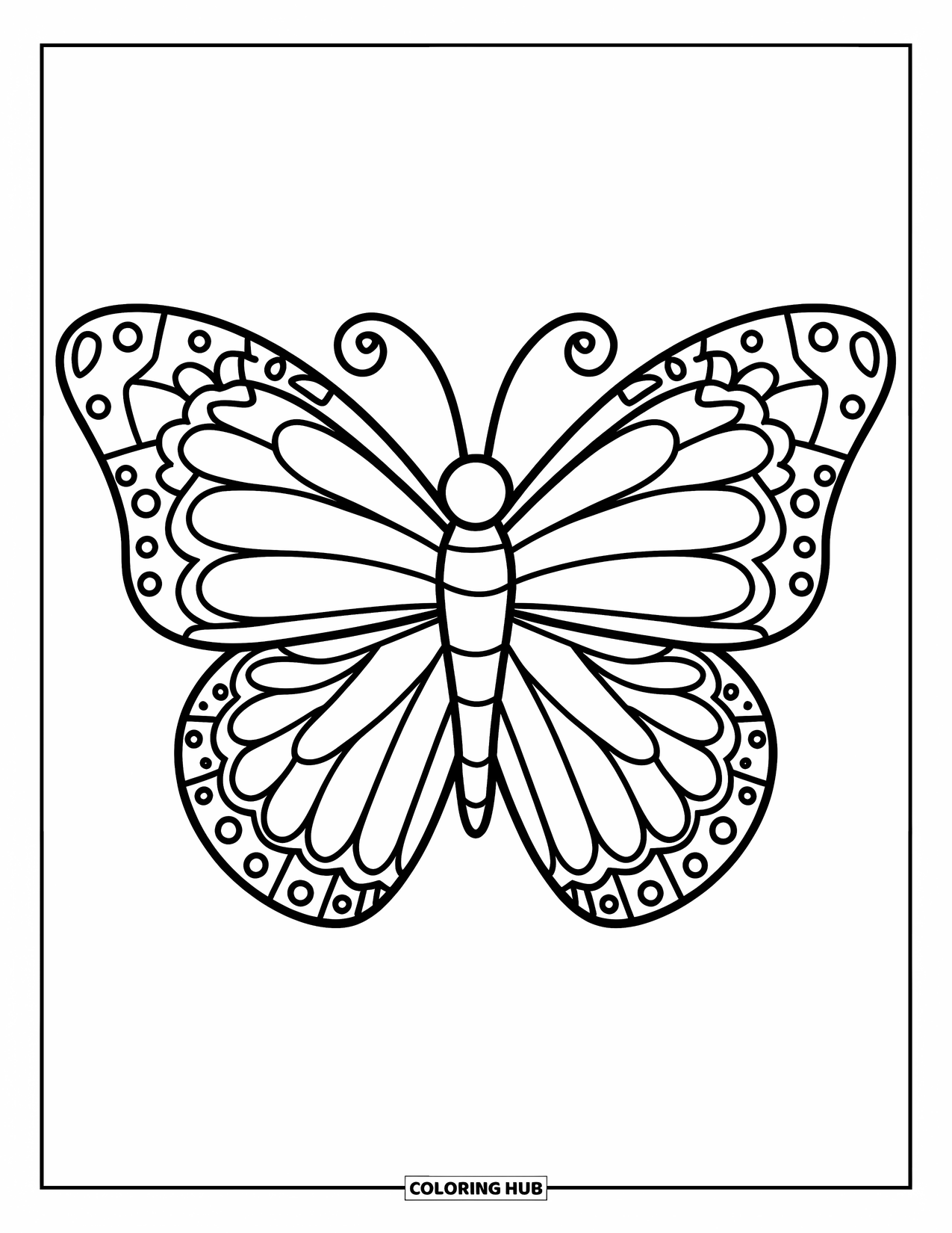 Zentangle Ausmalbild für Kinder: Ein süßer Schmetterling flattert mit verspielten Flügeln und einfachen Zentangle-Formen