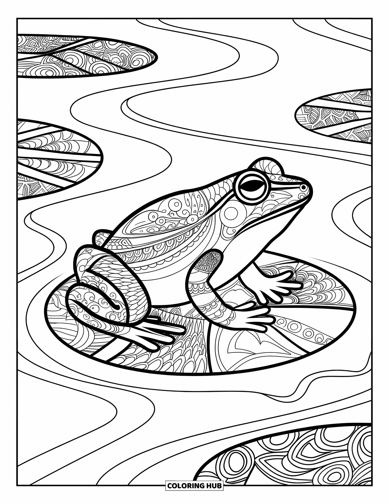 Zentangle Ausmalbild für Kinder: Ein detaillierter Frosch liegt auf einem gemusterten Seerosenblatt mit wirbelnden Wasserlinien