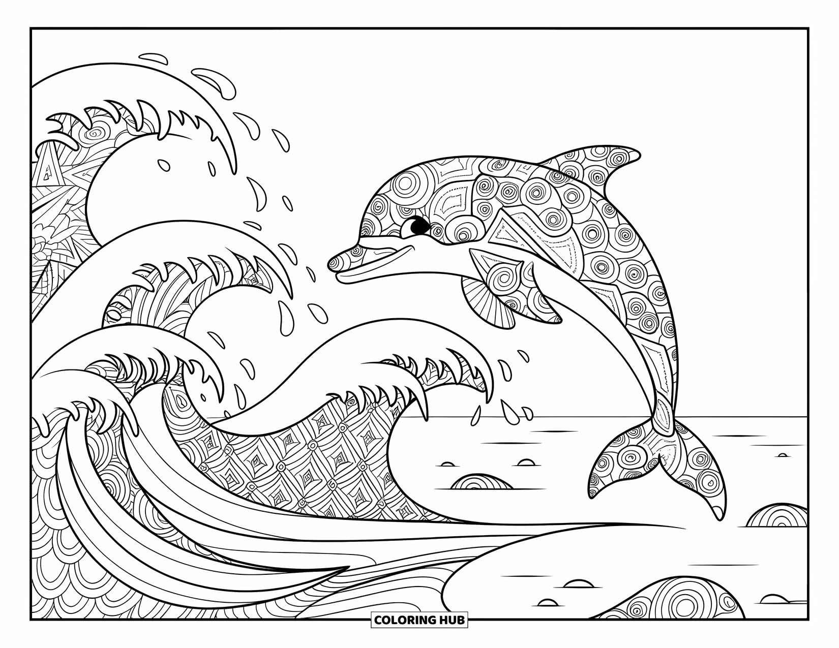Zentangle Ausmalbild für Kinder: Ein Delfin springt mit verspielter Energie aus wirbelnden, gemusterten Wellen