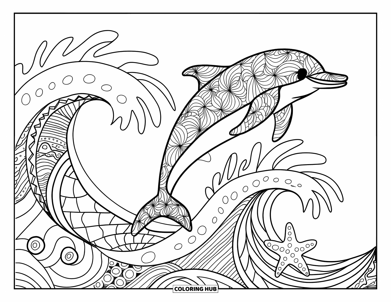 Zentangle Ausmalbild für Kinder: Ein Delfin spritzt aus gemusterten Wellen mit einem winzigen Seestern darunter