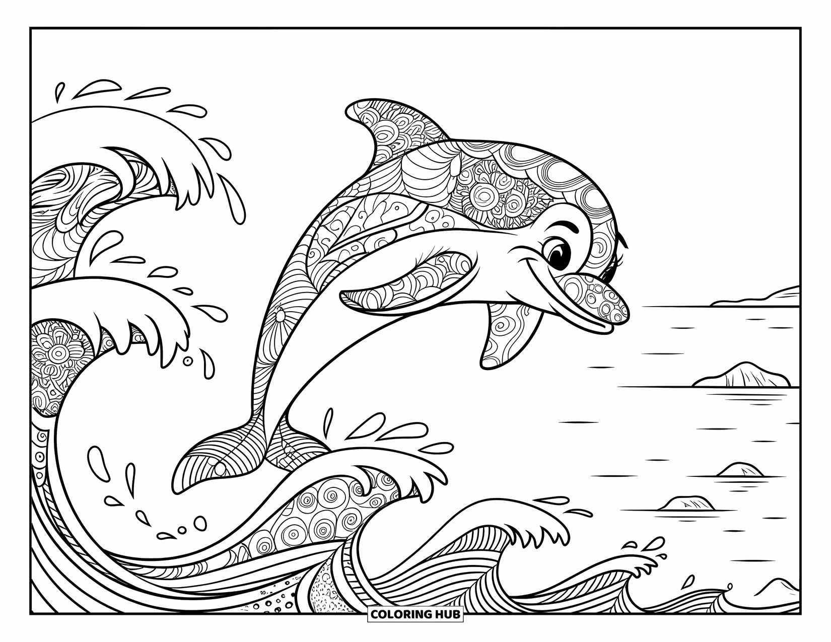 Zentangle Ausmalbild für Kinder: Ein Delfin mit einem freundlichen Gesicht springt über Zentangle-Meereswellen