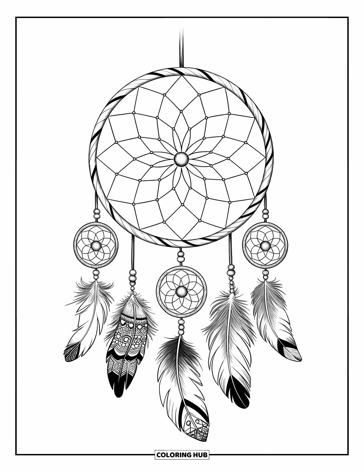 Zentangle Ausmalbild für Kinder: Ein verträumter, mustergefüllter Traumfänger hängt an einem Holzrahmen