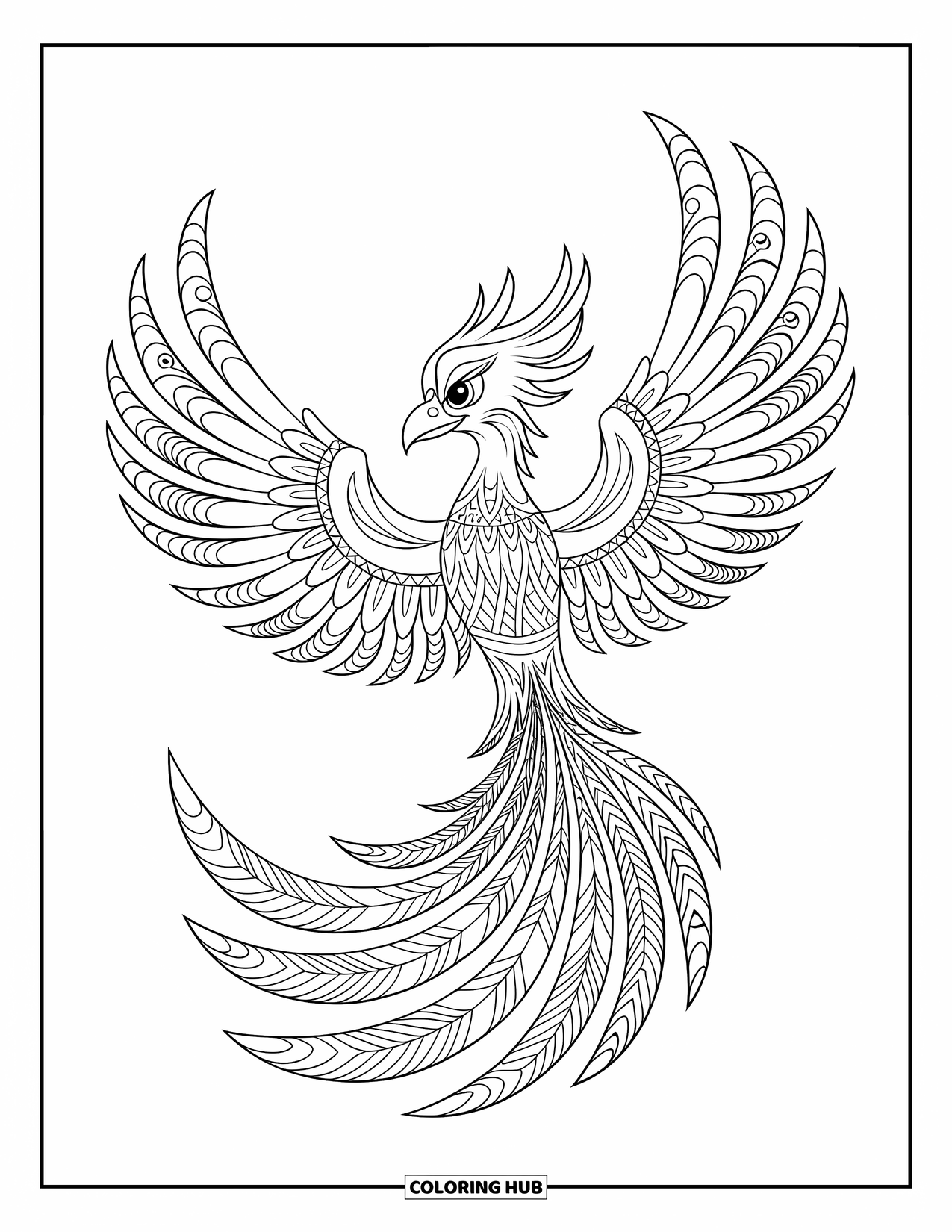 Zentangle Ausmalbild für Kinder: Ein fliegender Phönix breitet seine gemusterten Flügel in flammenartigen Formen aus