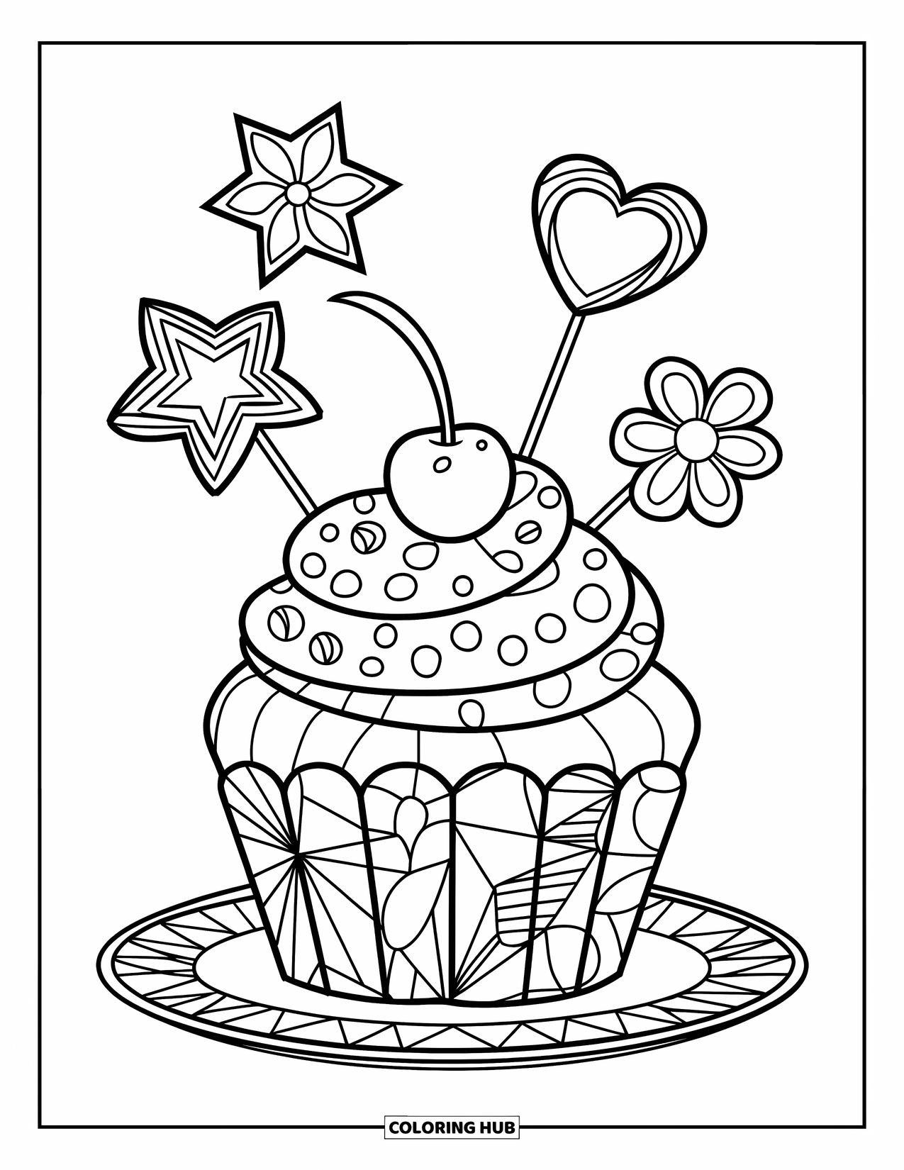 Zentangle Ausmalbild für Kinder: Ein lustiger Cupcake mit Stern- und Herz-Toppings sitzt glücklich auf einem Teller