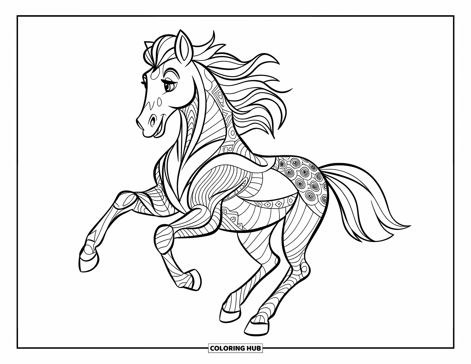 Zentangle Ausmalbild für Kinder: Ein galoppierendes Pferd mit einer fließenden Mähne zeigt auffällige Muster und Bewegung