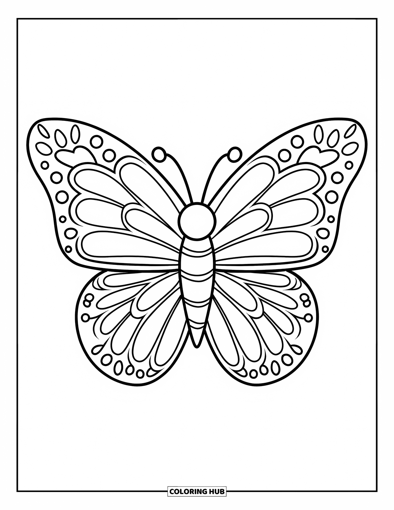 Zentangle Ausmalbild für Kinder: Ein fröhlicher Schmetterling mit bezaubernden Flügeln schwebt in einem hellen, offenen Raum