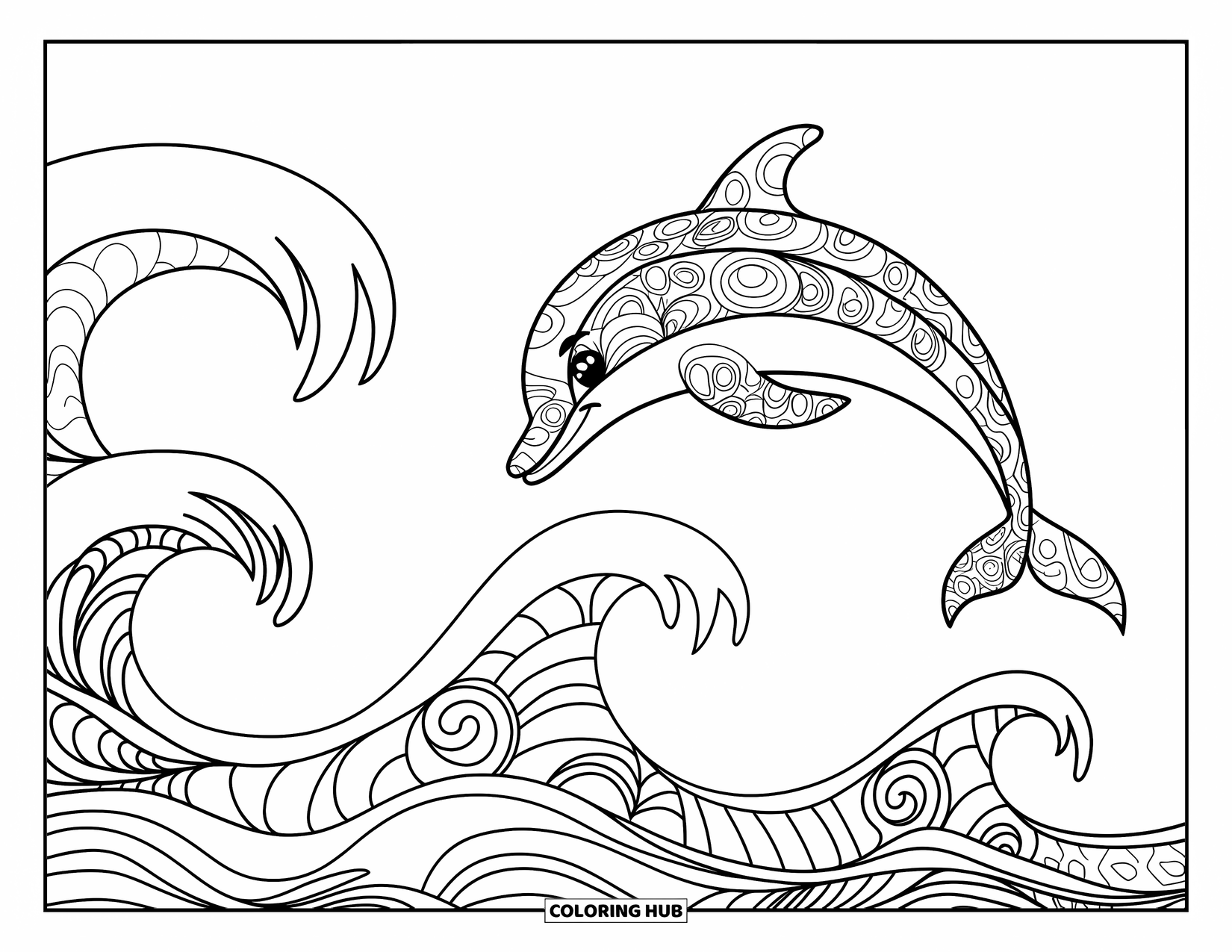 Zentangle Ausmalbild für Kinder: Ein fröhlicher Delfin springt aus dem Meer, umgeben von gemusterten Spritzlinien