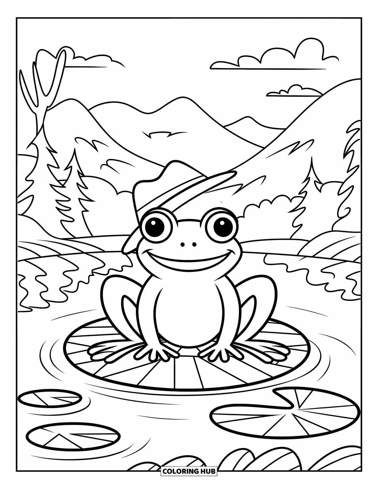 Zentangle Ausmalbild für Kinder: Ein fröhlicher Frosch mit Hut ruht auf einem Seerosenblatt unter einem bewölkten Himmel