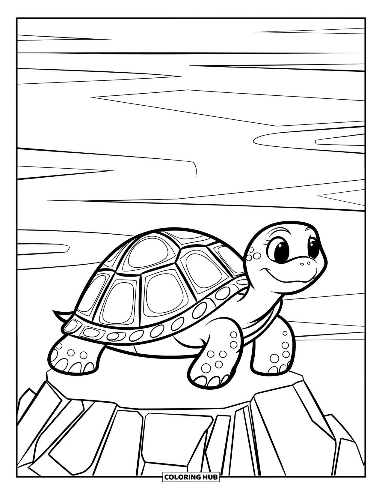 Zentangle Ausmalbild für Kinder: Eine fröhliche Schildkröte mit Punkten und Linien ruht friedlich auf einem ruhigen Felsen