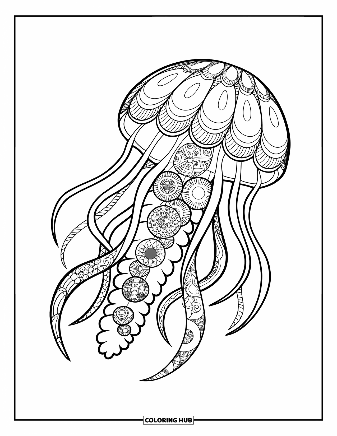 Zentangle Ausmalbild für Kinder: Eine Qualle mit wirbelnden Tentakeln schwebt in einem friedlichen, weißen Raum