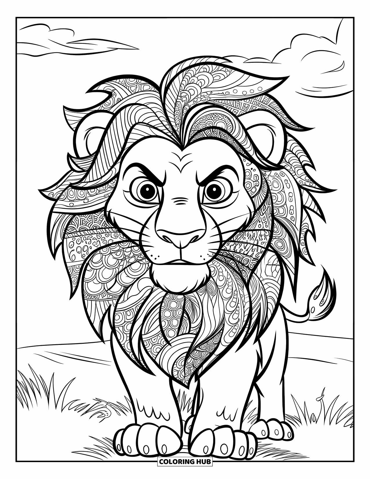 Zentangle Ausmalbild für Kinder: Ein Löwe steht auf Gras mit einer kühnen Mähne aus Zentangle-Wellen
