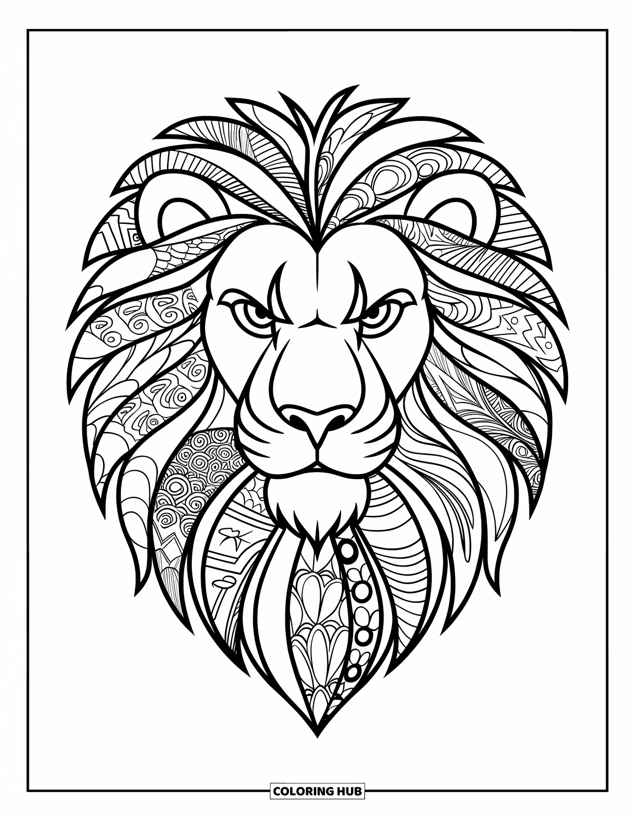 Zentangle Ausmalbild für Kinder: Die fließende Mähne eines Löwen besteht vollständig aus Zentangle-Wellen