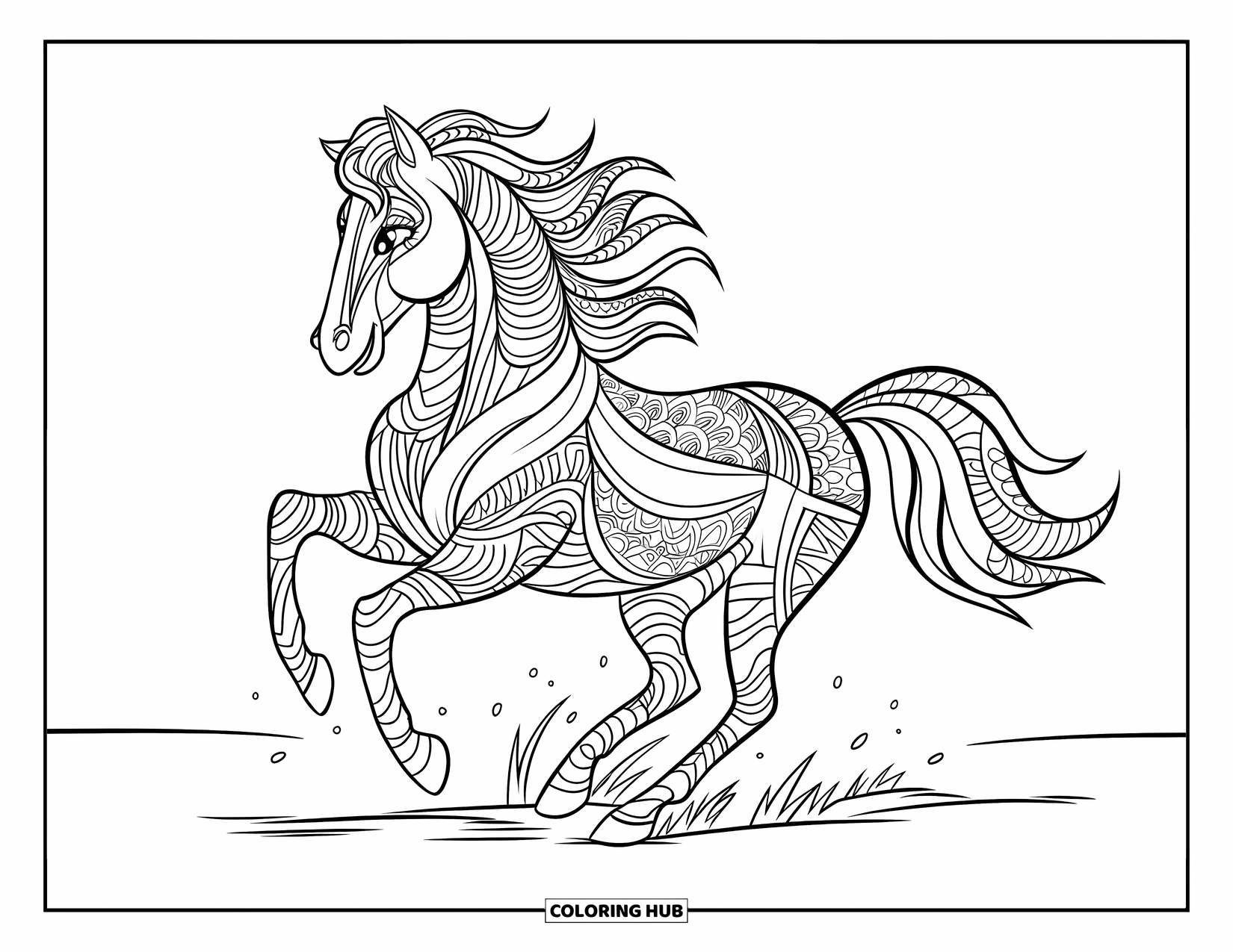 Zentangle Ausmalbild für Kinder: Ein lebhaftes Pferd mit einer gemusterten Mähne und einem Schweif galoppiert durch den offenen Raum