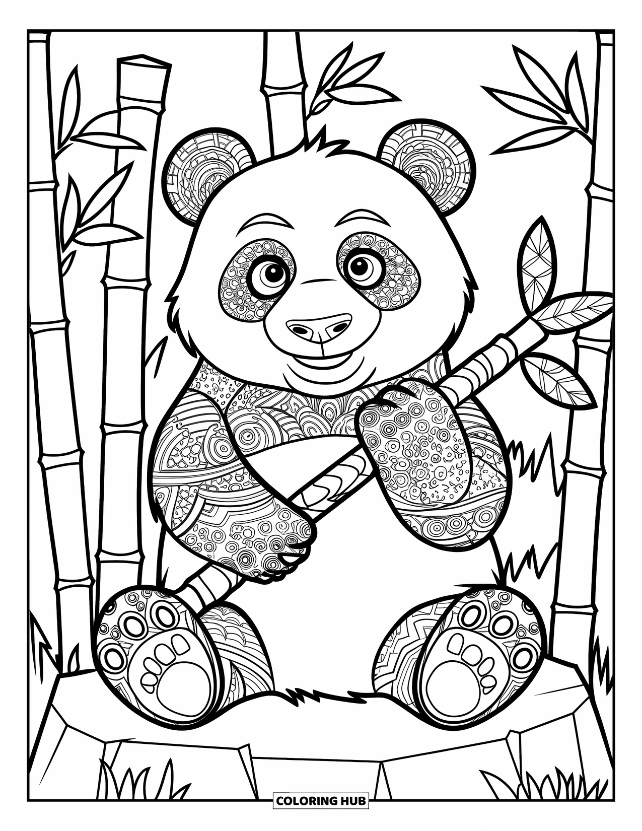 Zentangle Ausmalbild für Kinder: Ein Panda sitzt auf einem Felsen und hält Bambus, umgeben von gestreiften Mustern