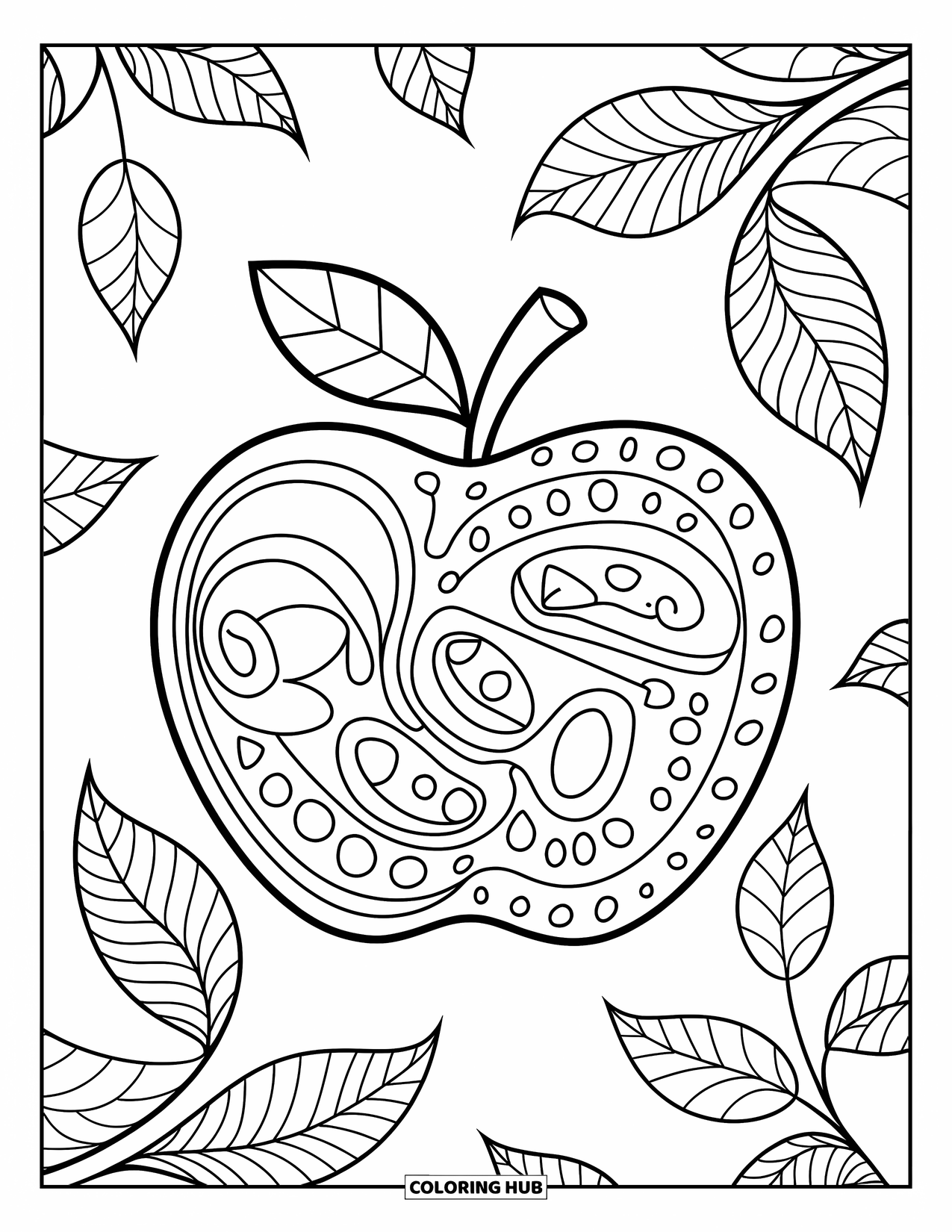 Zentangle Ausmalbild für Kinder: Ein gemusterter Apfel sitzt zwischen belaubten Zweigen mit auffälligen Schleifen und Punkten