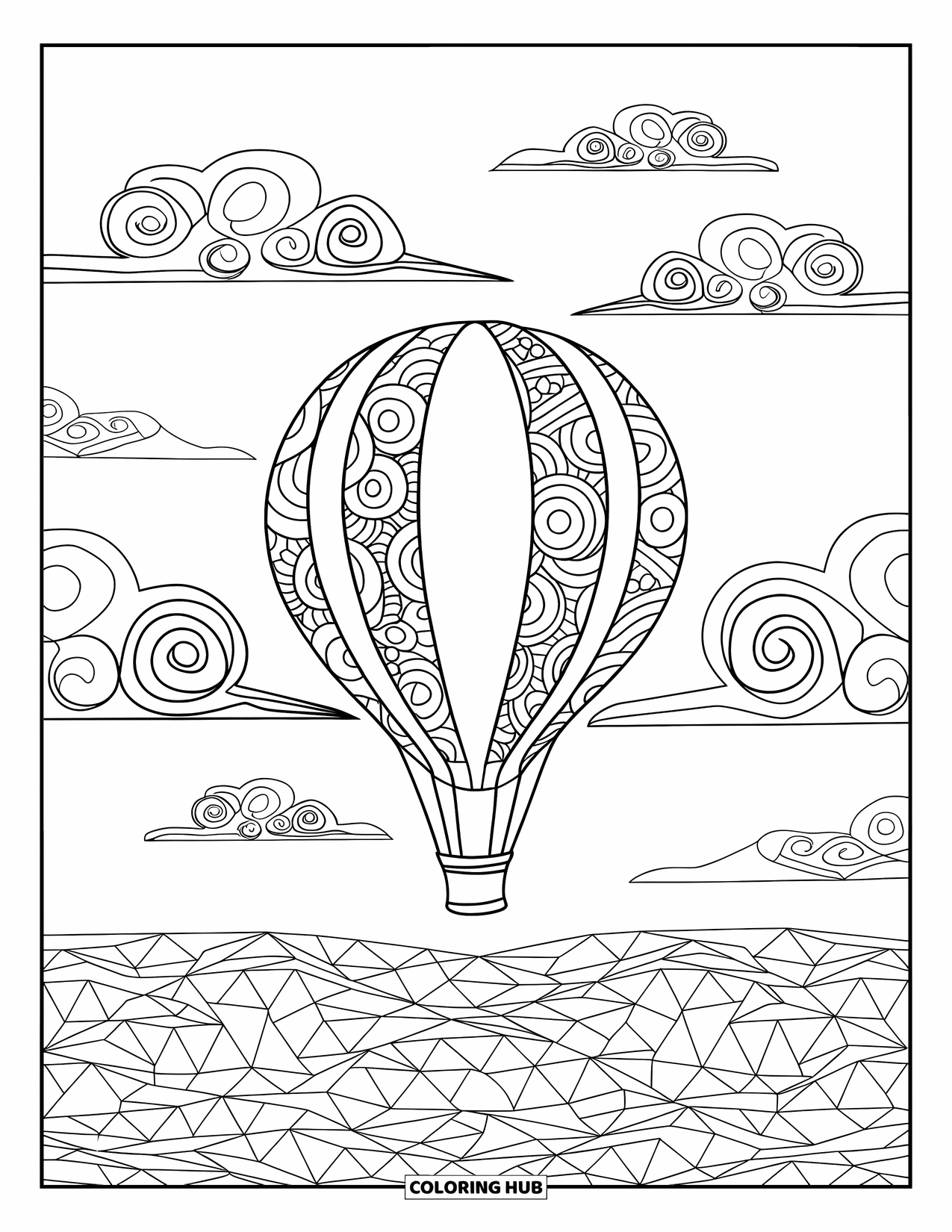 Zentangle Ausmalbild für Kinder: Ein gemusterter Ballon schwebt über wirbelnden Wolken und dreiecksgefülltem Boden