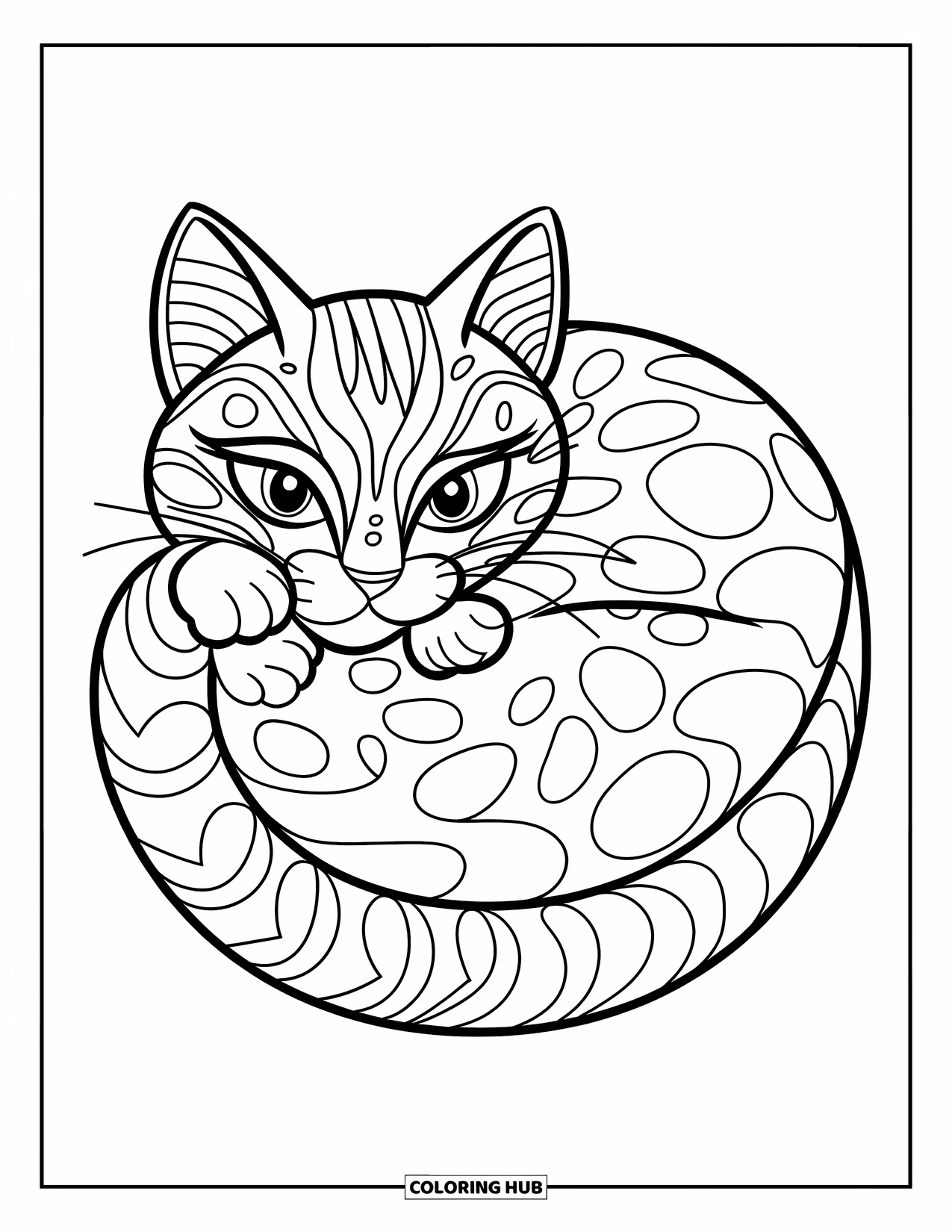 Zentangle Ausmalbild für Kinder: Eine gemusterte Katze rollt sich mit sanften Felllinien zu einem gemütlichen Ball zusammen