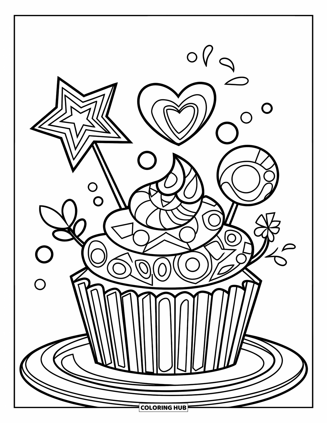 Zentangle Ausmalbild für Kinder: Ein gemusterter Cupcake mit verspielten Toppings und Streuseln ruht auf einem Teller