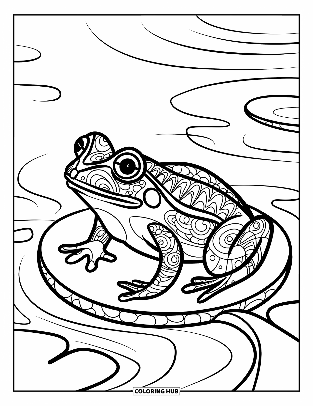 Zentangle Ausmalbild für Kinder: Ein gemusterter Frosch lächelt von einem Seerosenblatt, umgeben von kräuselndem Wasser