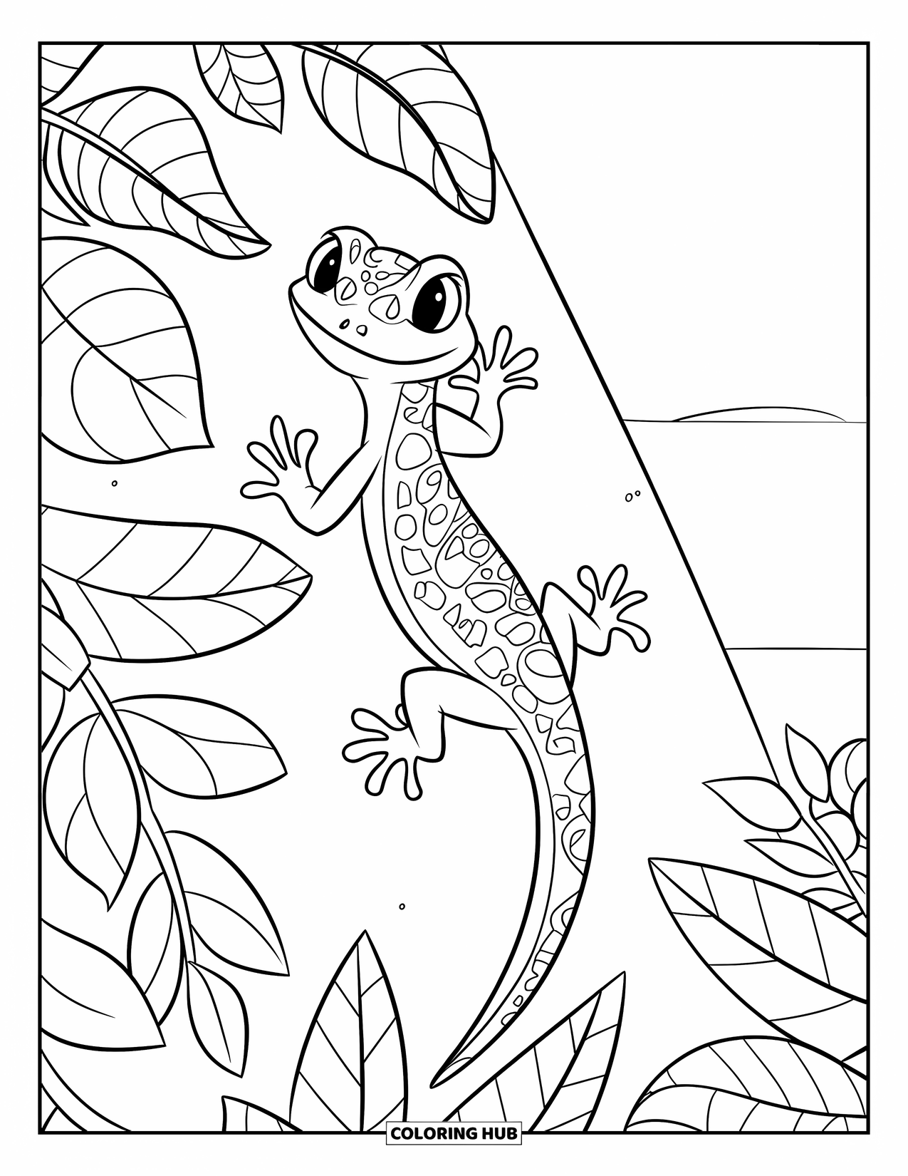 Zentangle Ausmalbild für Kinder: Ein gemusterter Gecko klettert an belaubten Wänden mit auffälligen Punkten und einer verspielten Pose