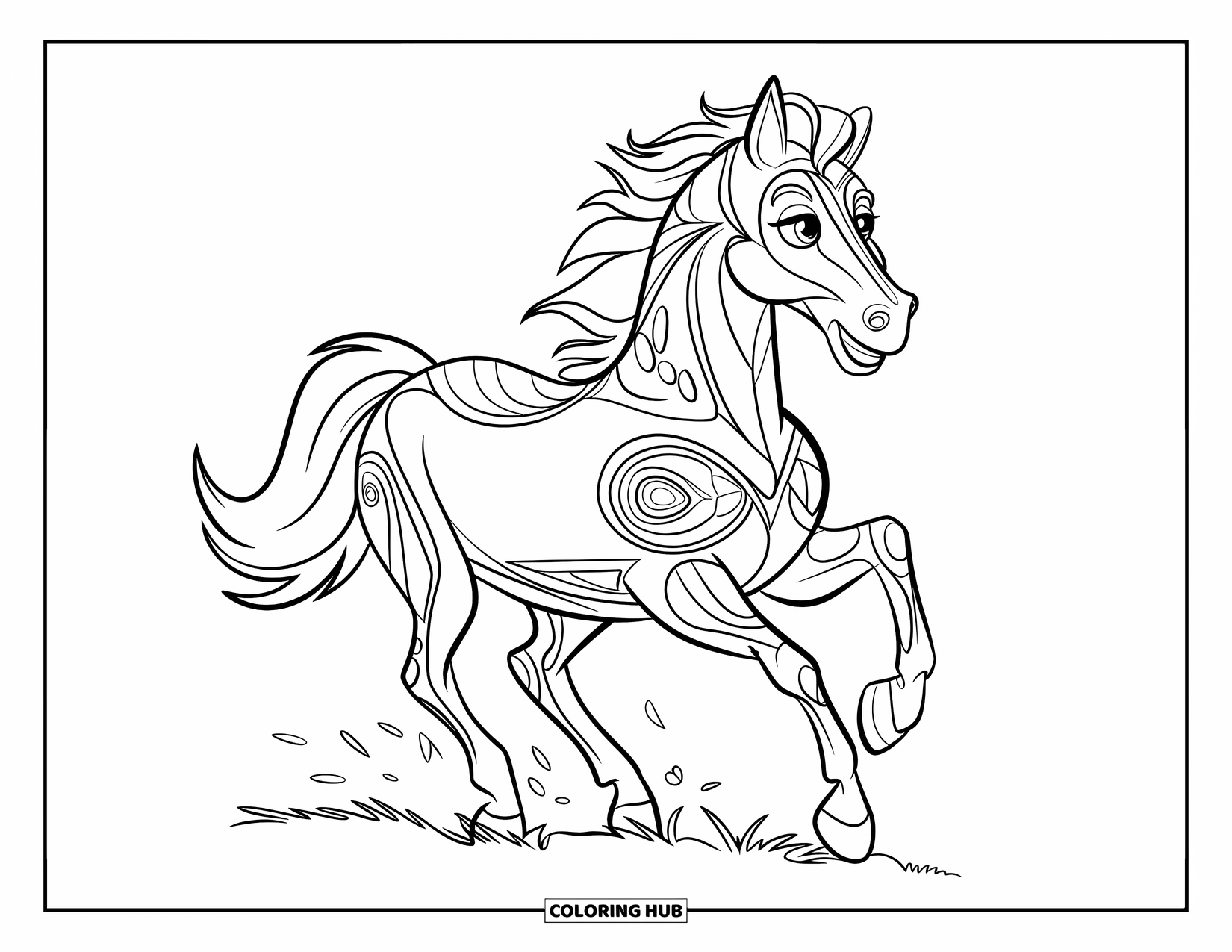 Zentangle Ausmalbild für Kinder: Ein gemustertes Pferd galoppiert frei mit fließender Mähne und auffälligen Details