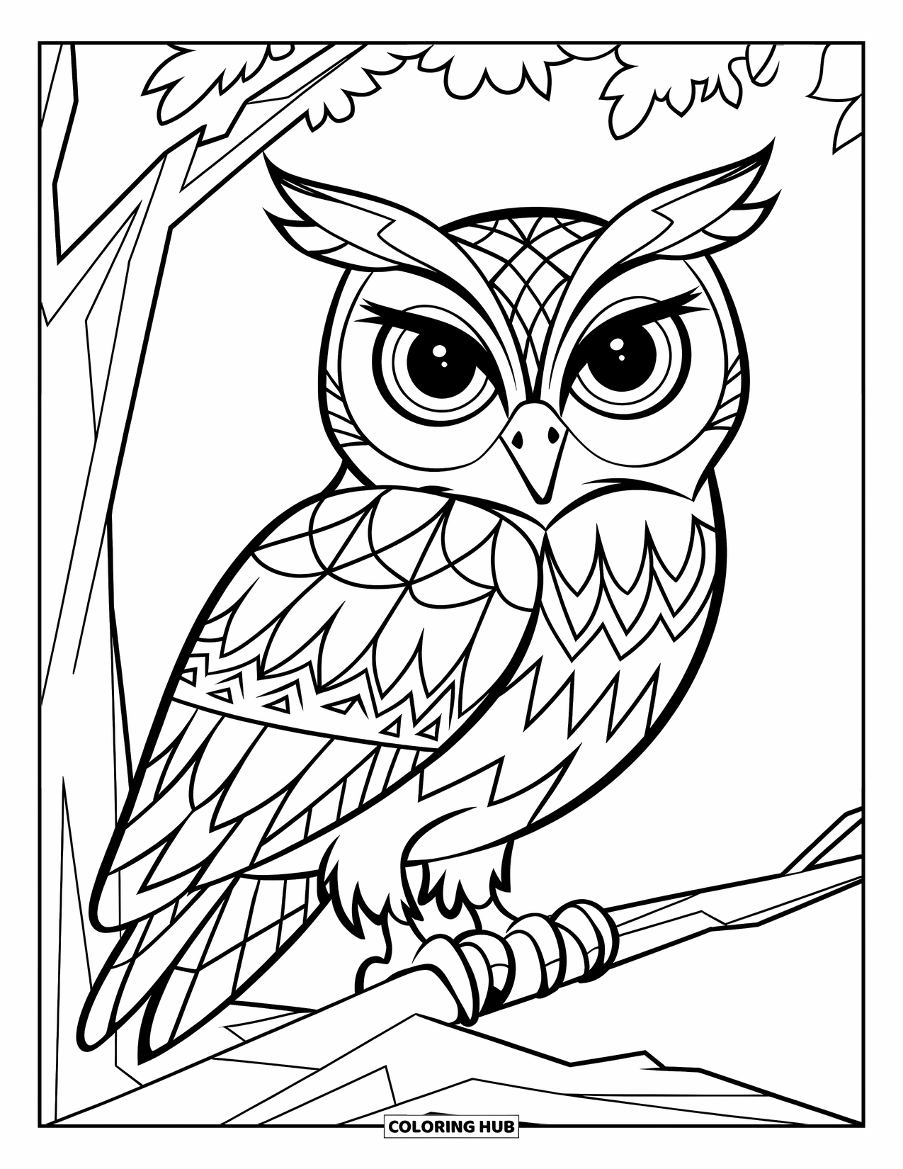 Zentangle Ausmalbild für Kinder: Eine gemusterte Eule ruht auf einem Ast in einem ruhigen, weißen Raum