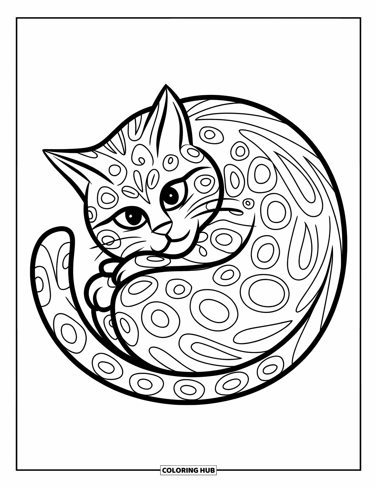 Zentangle Ausmalbild für Kinder: Eine friedliche Katze rollt sich mit wirbelndem Fell zu einem gemütlichen Ball zusammen