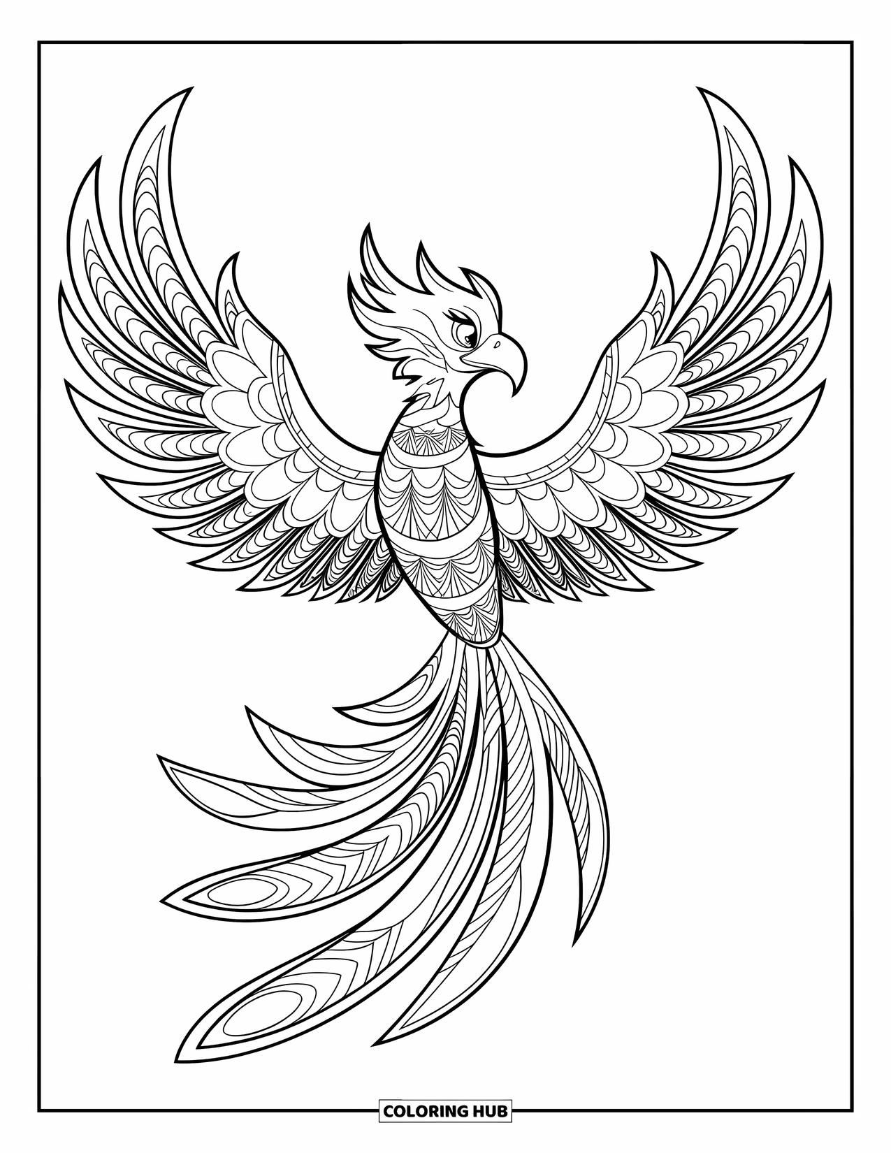 Zentangle Ausmalbild für Kinder: Ein Phönix mit filigranen, feurigen Flügeln schwebt durch den weißen Raum