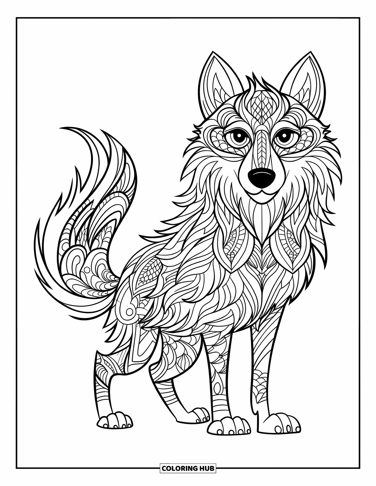 Zentangle Ausmalbild für Kinder: Ein ernster Wolf mit gemustertem Fell steht stark vor einem einfachen Hintergrund