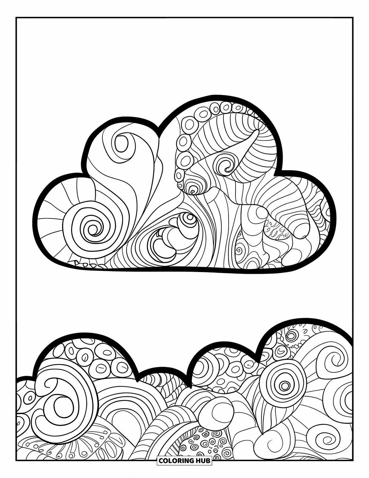 Zentangle Ausmalbild für Kinder: Eine lächelnde Wolke voller Spiralen schwebt in einem hellen und fröhlichen Raum