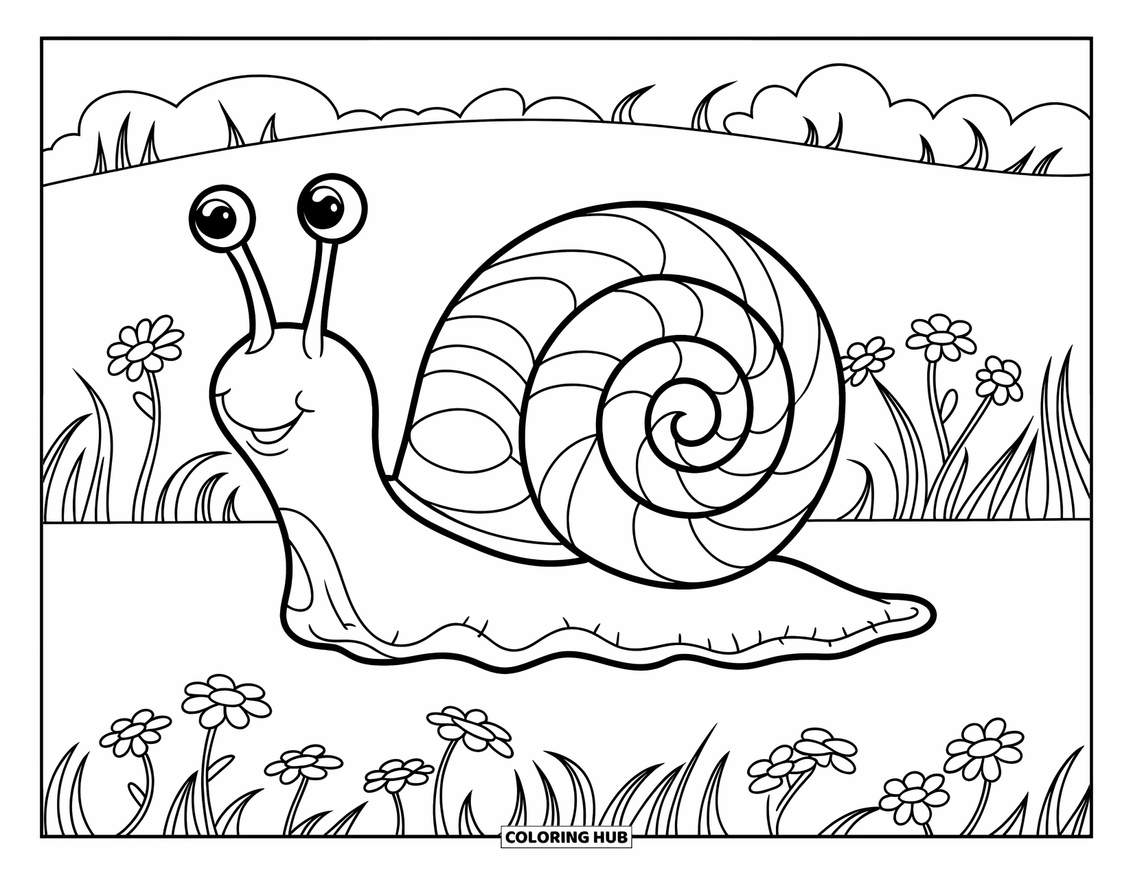 Zentangle Ausmalbild für Kinder: Eine Schnecke mit einem gewirbelten Schneckenhaus kriecht fröhlich durch ein Blumenfeld