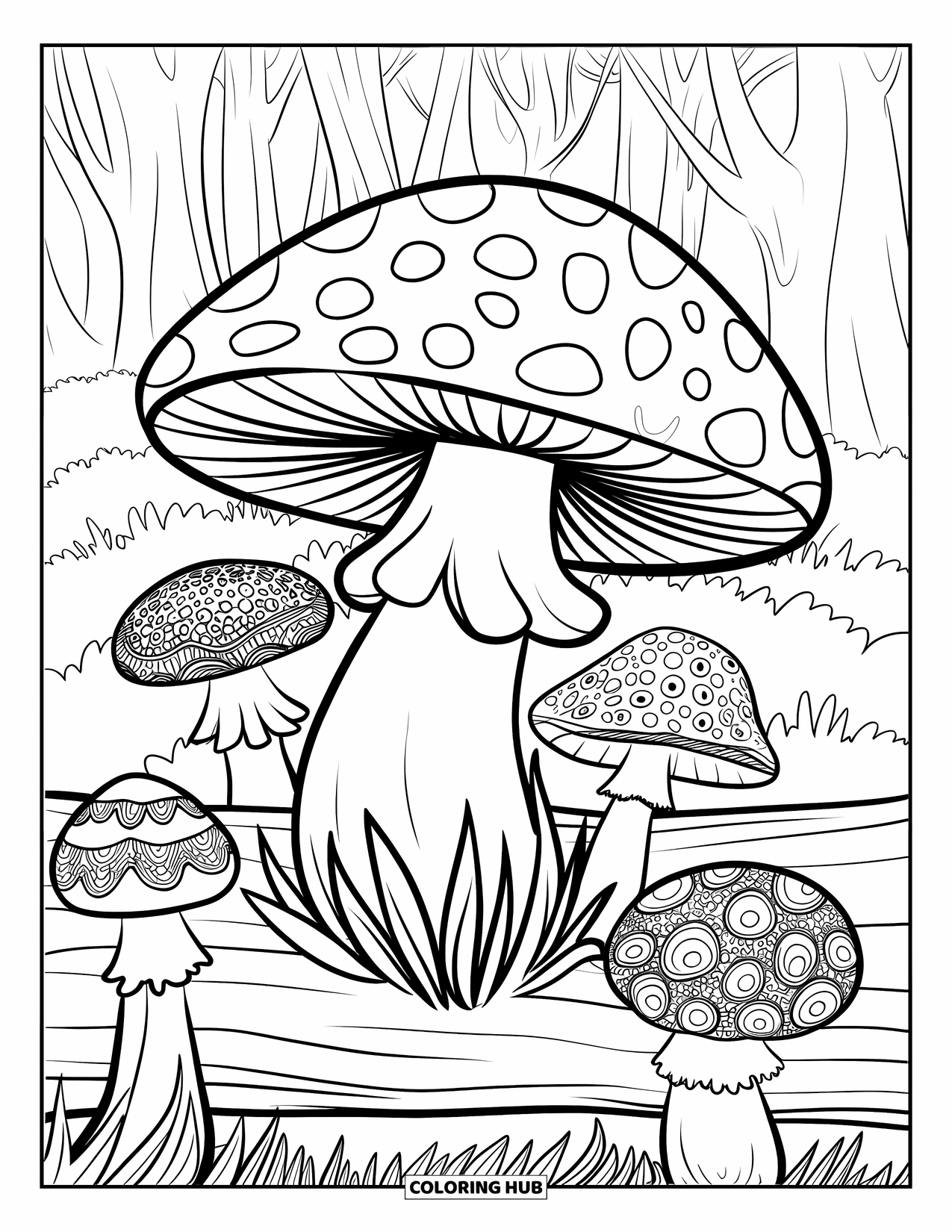 Zentangle Ausmalbild für Kinder: Ein weicher Pilz wächst aus einem Baumstamm, mit weiteren gepunkteten Pilzen ringsum