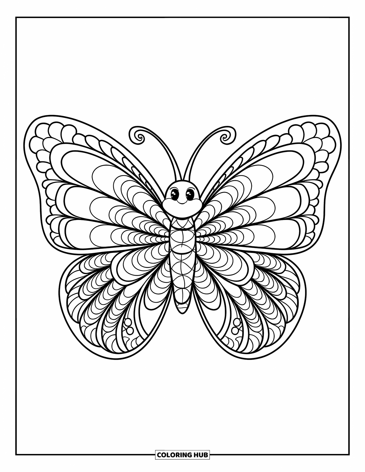 Zentangle Ausmalbild für Kinder: Ein süßer Schmetterling mit gemusterten Flügeln flattert in fröhlicher Einfachheit