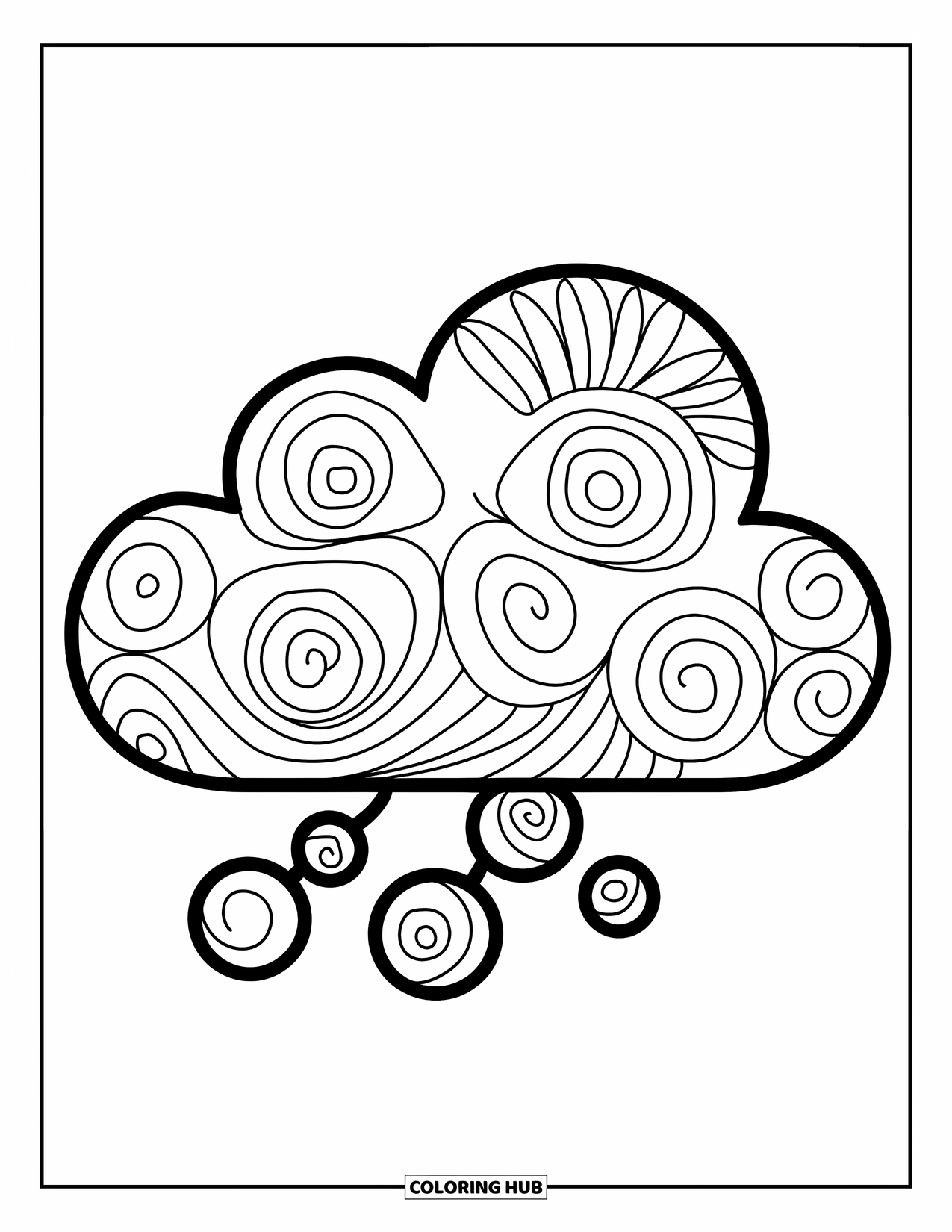 Zentangle Ausmalbild für Kinder: Eine gewirbelte Wolke mit einem breiten Grinsen schwebt fröhlich im offenen Raum
