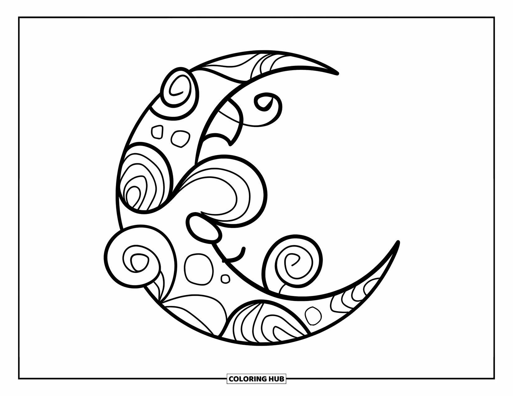 Zentangle Ausmalbild für Kinder: Ein gewirbelter Zentangle-Mond schwebt ruhig in einem fröhlichen, weißen Himmel