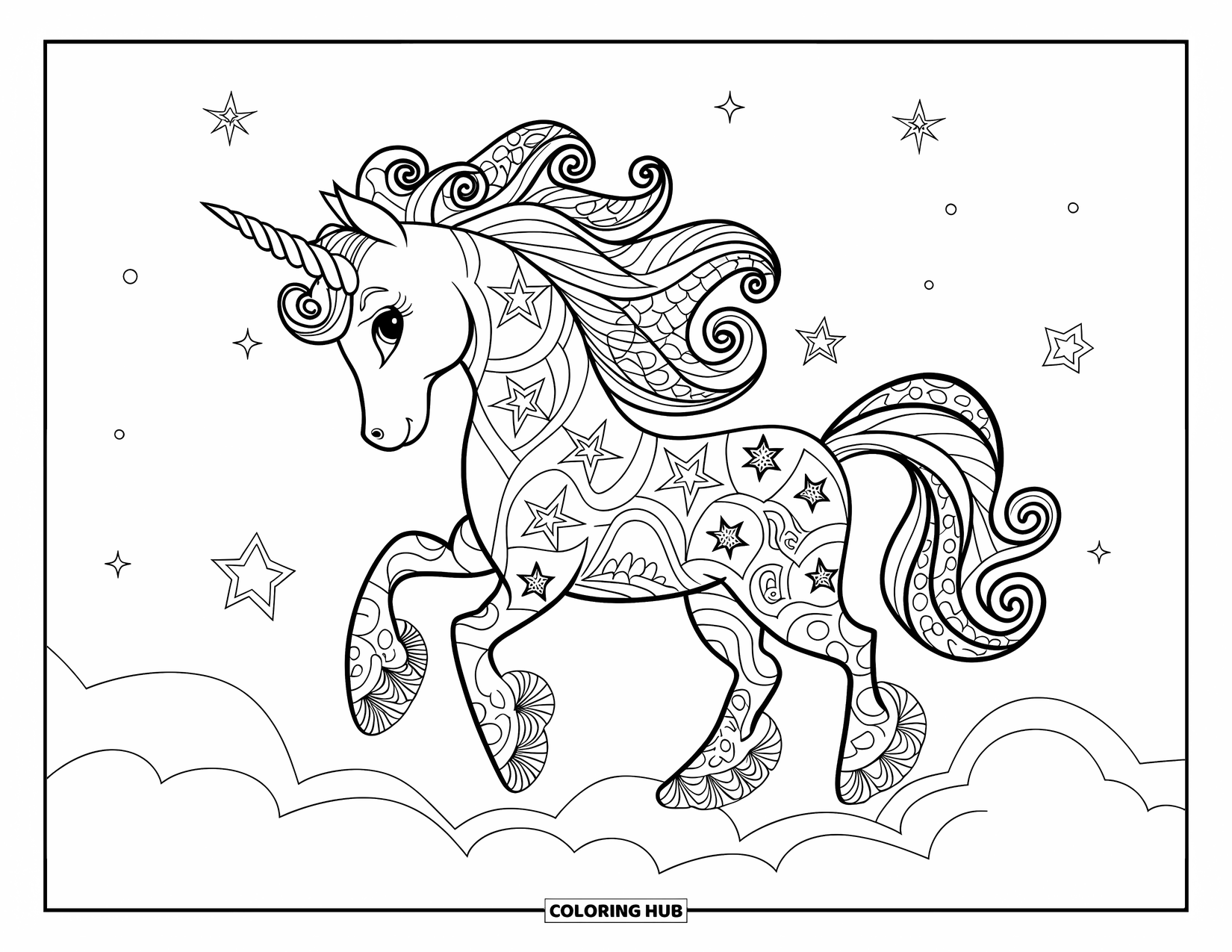 Zentangle Ausmalbild für Kinder: Ein Einhorn mit einer sternenklaren Mähne steht stolz auf einer flauschigen Wolke