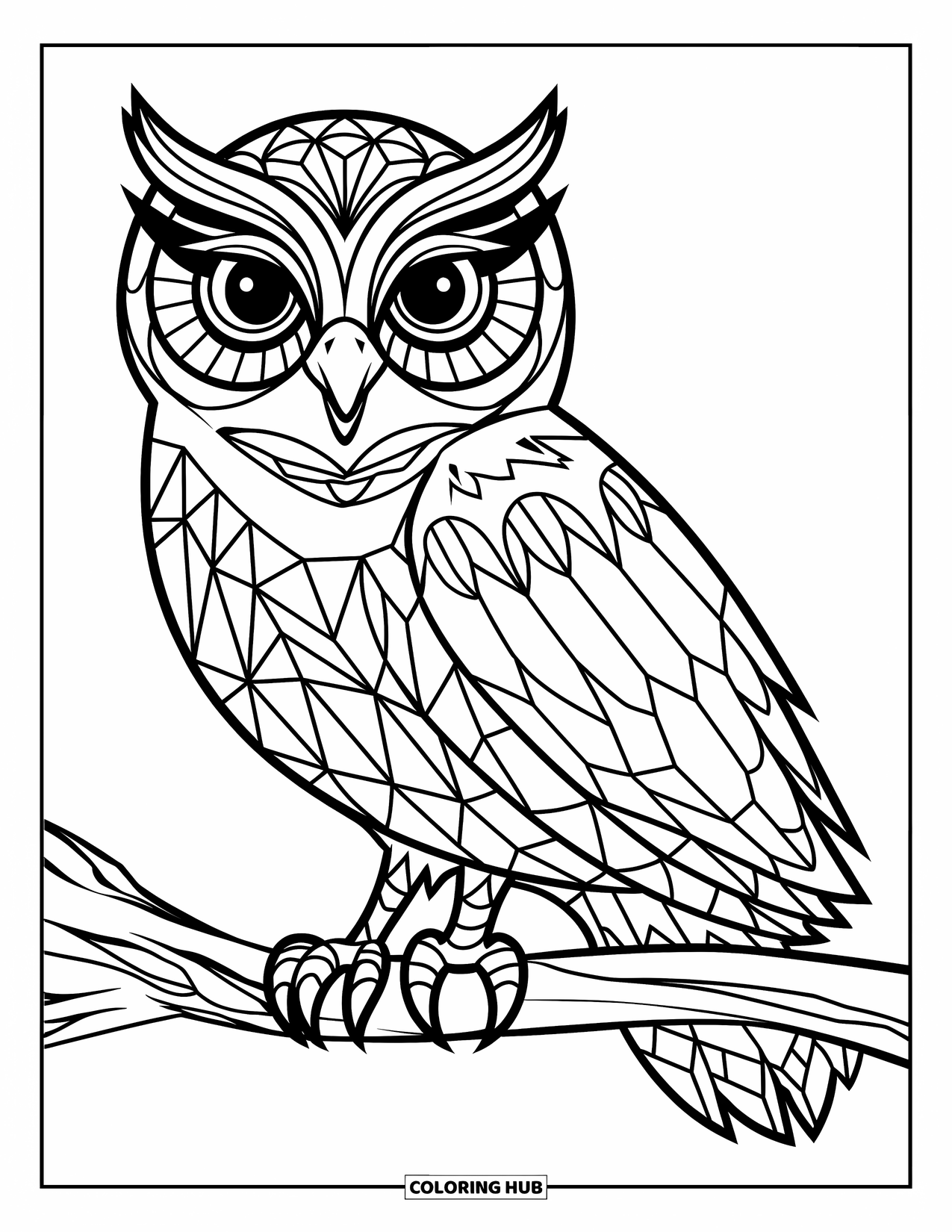 Zentangle Ausmalbild für Kinder: Eine Eule mit großen Augen und geometrischen Federn sitzt ruhig auf einem Ast
