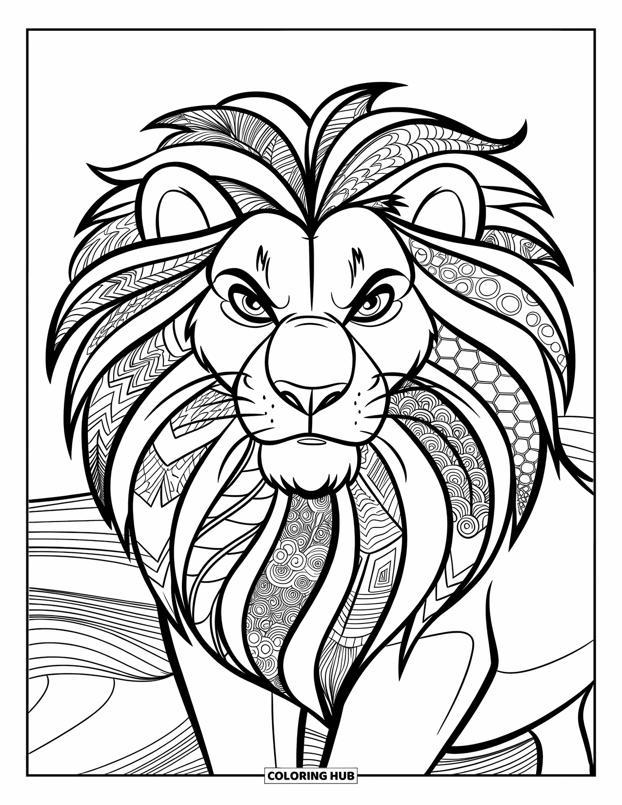 Zentangle Ausmalbild für Kinder: Die wellige, gemusterte Mähne eines Löwen füllt den Rahmen in einem kühnen, kreativen Design