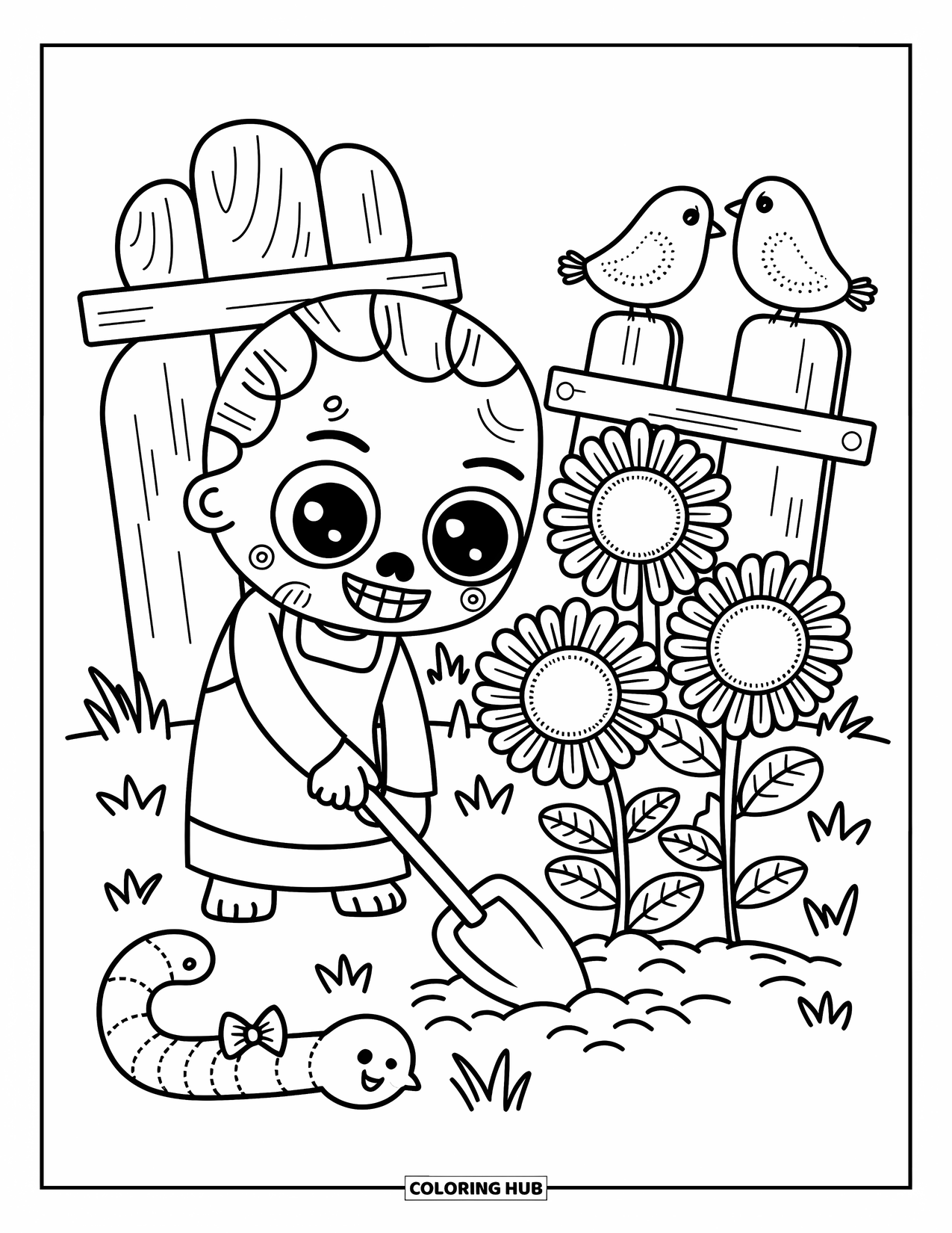 Zombie Ausmalbild für Erwachsene: Fröhlicher Zombie gräbt in einem Sonnenblumenfeld mit einem wackeligen Wurm und genähten Vögeln